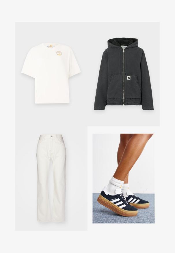 Must kapuutsiga jakk, millel on ees tõmblukk, fliisvooder, kaks eesmist taskut ja logoga silt. Valmistatud vastupidavast materjalist lõdva lõikega.; Valge puuvillane T-särk lühikeste varrukatega, millel on rindkeres väike ümmargune tikandlogoga, millel on maastiku disain pastellsetes värvides.; Valged denim püksid kõrge vöökoht ja laia säärega. Omab nupuvajutust ja tõmblukku, vöö loops ja peene õmblemise detailid.; Mustad seemisnahast tossud valgete triipude ja detailidega, ümarate varbassosadega, kummist välistallaga, paaritatud valgete soonikuliste meessokkidega.