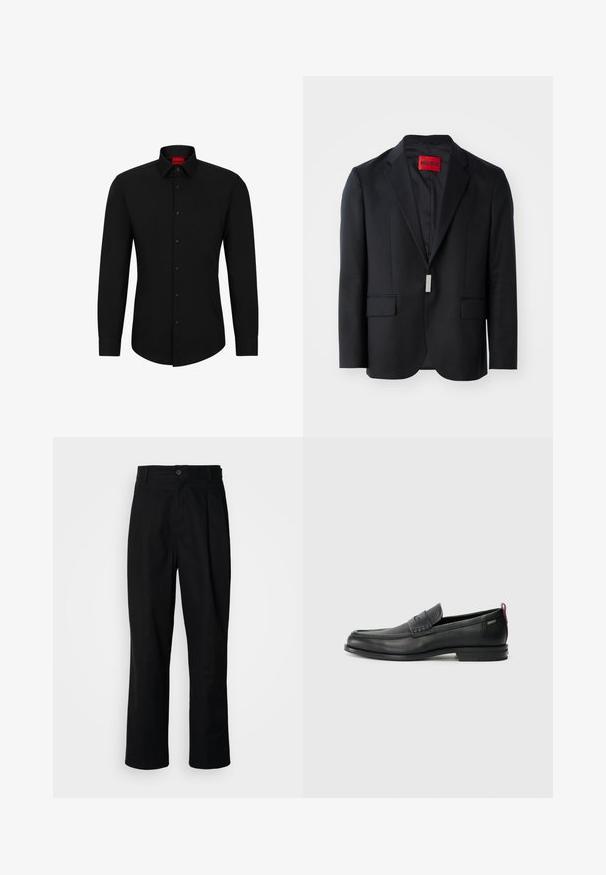 Blazer nero con rever a punta, due tasche frontali e interno semplice. Presenta un'etichetta rossa con "HUGO" all'interno. Design sartoriale.; Maglietta nera a maniche lunghe con chiusura a bottoni, colletto classico e orlo arrotondato; presenta bottoni neri e un logo rosso all'interno del colletto.; Pantaloni neri a gamba dritta con vita con bottoni, passanti per cintura e piega frontale, esposti su uno sfondo bianco semplice.; Mocassini in pelle nera con un pannello anteriore testurizzato e lati lisci. Presentano un tacco sottile e un anello sul retro per una vestibilità facile. Design classico.