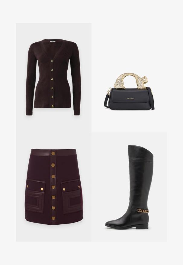 Rövidített, sötétlila kabát hosszú ujjal, gombos elülső résszel, hegyes gallérral és két mellzsebből álló bőrbetét díszítéssel.; Sötétlila bordázott kötött kardigán hosszú ujjakra, elöl hat aranygombbal, V-nyakkivágással és testhezálló fazonnal.; Fekete selyem camisole, mély dekoltázzsal, vékony pántokkal és sima, fényes textúrával. Egyszerű, klasszikus dizájn díszítések nélkül.; Sötét lila mini szoknya elülső arany gombokkal, bőr derékpánttal és két nagy elülső zsebbel, bőr díszítéssel és arany gomb részletekkel.; Magas fekete bőrcsizma áramvonalas dizájnnal, hegyes orral és arany lánc díszítéssel a bokán. Alacsony, tömbsarkú. Sima felület.; Fekete bőrtáska arany macska alakú fogantyúval, elülső fedéllel, állítható pánttal és logó részlettel az alsó részen.