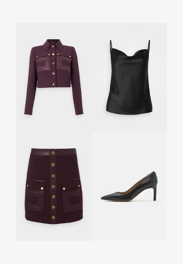 Rövidített, sötétlila kabát hosszú ujjal, gombos elülső résszel, hegyes gallérral és két mellzsebből álló bőrbetét díszítéssel.; Fekete selyem camisole, mély dekoltázzsal, vékony pántokkal és sima, fényes textúrával. Egyszerű, klasszikus dizájn díszítések nélkül.; Sötét lila mini szoknya elülső arany gombokkal, bőr derékpánttal és két nagy elülső zsebbel, bőr díszítéssel és arany gomb részletekkel.; Fekete bőr magassarkú cipő hegyes orral, karcsú szilüettel és vékony sarokkal. Simább felülettel és minimális hardver díszítéssel rendelkezik.