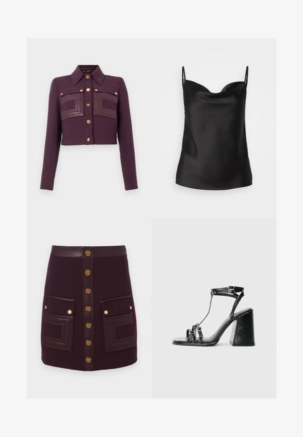 Lühendatud tume-lilla jakk pika varrukaga, nööbiga ees, terava kaelusega ja kahe rinna taskuga, millel on nahkdetailidega plaadid.; Must musta camisole, millel on sügava dekoltee, õhukesed rihmad ja sile, läikiv tekstuur. Lihtne, klassikaline disain ilma kaunistusteta.; Tume lilla mini seelik, millel on esimesed kuldsed nööbid, nahast vöökoht ja kaks suurt eesmist taskut nahkraami ja kuldsete nööbiga detailidega.; Mustad mustad sandaalid läikiva patenti viimistlusega, mitme rihmaga, ringikujuliste metallaktsentidega ja tugevate ruudukujuliste kontsadega.