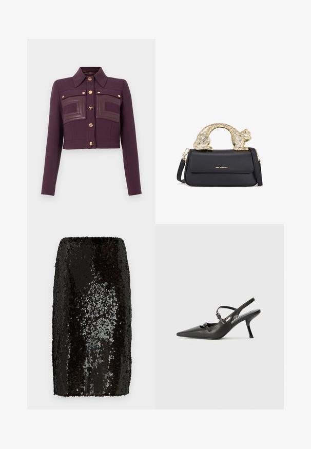 Skraćený tmavofialový kabát s dlhými rukávmi, zapínaním na gombíky, špicatým golierom a dvoma náprsními vreckami s koženými detailami.; Čierny saténový top s hlbokým výstrihom, tenkými ramienkami a hladkým, lesklým povrchom. Jednoduchý, klasický dizajn bez ozdôb.; Čierna flitrová ceruzková sukňa s priliehavým strihom. Obsahuje husté, reflexné flitre, ktoré vytvárajú textúrovaný povrch. Hladká vnútorná podšívka.; Čierne kožené slingback topánky na vysokom podpätku s ostrou špicou, štíhlym podpätkom a dekoratívnym detailom s prackou na priehlavku. Hladká textúra a elegantný dizajn.; Čierna kožená kabelka so zlatým úchytom v tvare mačky, so predným klopovým uzáverom, nastaviteľným popruhom a detailom loga na dolnej prednej časti.