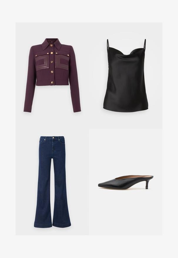 Kort donkerpaars jack met lange mouwen, knoopsluiting aan de voorkant, puntige kraag en twee borstzakken met leren details.; Zwarte satijnen camisole met een diepe V-halslijn, dunne bandjes en een gladde, glanzende textuur. Eenvoudig, klassiek ontwerp zonder versieringen.; Donkerblauwe uitlopende jeans van denim, met een hoge taille, subtiele slijtage en gouden hardware op de voorzakken en sluiting.; Zwarte leren muiltjes met een puntige neus en een lage, blokhak. Glad oppervlak met een gestroomlijnd ontwerp. Open achterkant met minimale details.