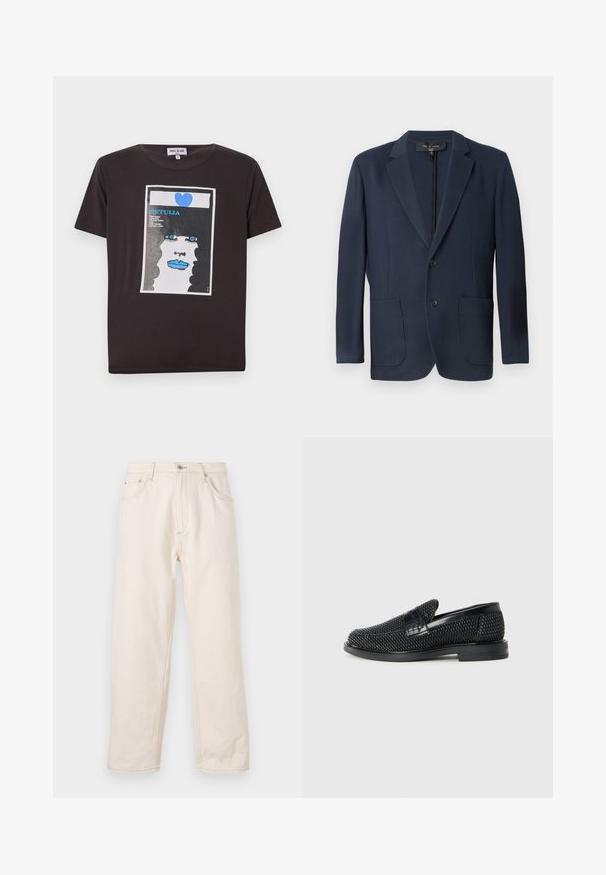 Blazer azul marino con silueta estructurada, cierre de doble botón, dos bolsillos frontales y un acabado texturizado. Adecuado para ocasiones formales.; Camiseta negra de algodón con un diseño gráfico de la cara de una mujer con labios azules, grandes ojos azules y un corazón, enmarcado en un rectángulo blanco.; Vaqueros rectos beige de mezclilla, con cierre de botón, cinco bolsillos y detalles de costura visibles. Textura suave.; Zapato negro de tejido con un acento de cuero suave en la parte superior, diseño de punta redonda y suela de goma de perfil bajo.