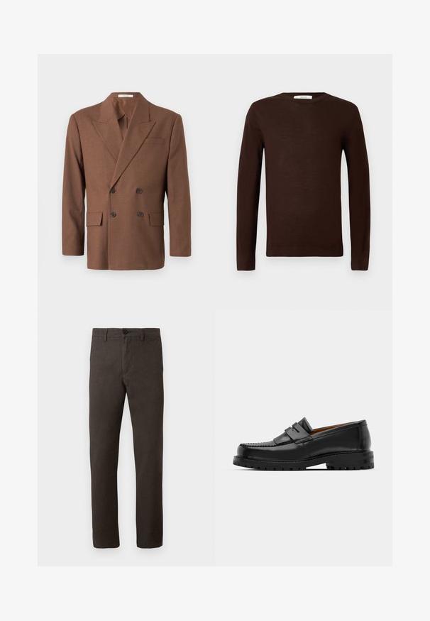 Barna, kétsoros zakó, texturált anyagból készült, kivágott hajtókával, két elülső zsebbel és sötét gombokkal.; Sötétbarna, hosszú ujjú, kerek nyakú pulóver bordázott mandzsettával és szegéllyel, sima fehér háttér előtt bemutatva.; Barna nadrág texturált anyagból, egyenes láb kialakítással, egygombos záródással és minimális stílussal.; Fekete bőr loaferek kiemelkedő varrással, két díszcsíkkal a felső részen és vastag, struktúrált talppal rendelkeznek a jobb tapadás érdekében.