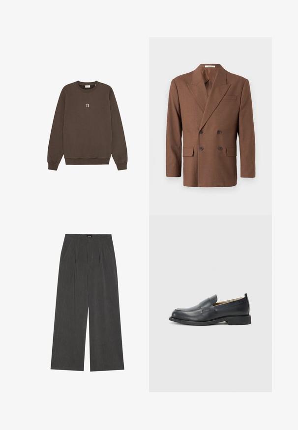 Ruskea kaksirivinen bleiseri, joka on valmistettu teksturoidusta kankaasta. Siinä on läppäkaulus, kaksi etutaskua ja tummat napit.; Ruskea puuvillaneule, jossa on pyöreä kaula-aukko, ribbaatut hihansuut ja pieni "II"-logo keskellä rintaa. Pehmeä rakenne.; Rento-hameet tummanharmaasta kankaasta, jossa on pleidatut etuosat, kaksi sivutaskua ja litteä vyötärö. Sujuva rakenne ja räätälöity muotoilu.; Musta nahkakengät, joissa on sileä pinta, litteä pohja ja pyöristetty varvas, sekä koristeellinen nauha päälliosassa.