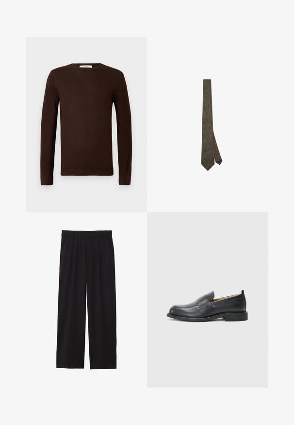 Brūns dubultā svītrojuma žakets, izgatavots no strukturēta auduma, ar izgrieztu atloku, divām priekšējām kabatām un tumšām pogām.; Tumši brūns garās piedurknes džemperis ar apaļu kakla izgriezumu, ar ribotiem aprocēm un apakšu, izvietots uz vienkārša balta fona.; Melni platbagāžnieki ar plecu priekšpusi, sānu kabatām un gludu auduma tekstūru. Izstrādāti brīvai piegulšanai.; Melnas ādas loafers ar gludu virsmu, plakanu zoli un noapaļotu pirkstu, ar dekoratīvu jostu pāri augšdaļai.; Zaļš kaklasaites ar paisley rakstu oranžā un zilā krāsā. Izgatavota no auduma, tai ir norobežots gals un neliels uzlīme šaurajā galā.