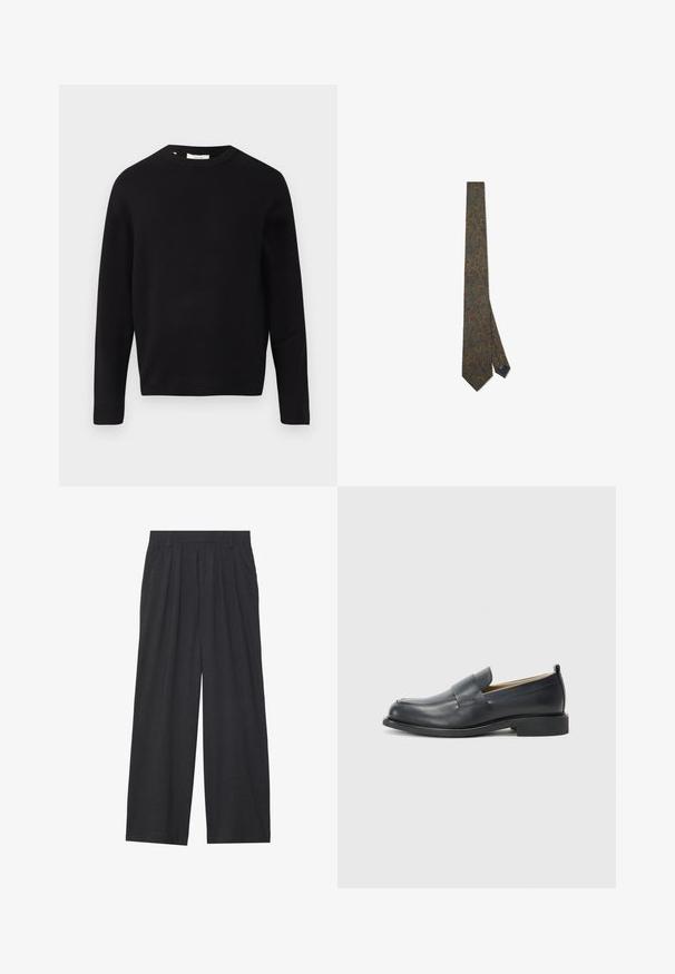 Barna, kétsoros zakó, texturált anyagból készült, kivágott hajtókával, két elülső zsebbel és sötét gombokkal.; Fekete kötött pulóver kerek nyakkal, hosszú ujjakra és laza szabású. Sima textúra, minimális dizájn, minták vagy díszítések nélkül.; Sötétszürke anyagból készült, bő szárú nadrág. Ráncokkal a deréknál, elegáns fazonnal és egyenes sziluettel rendelkezik.; Fekete bőr loaferek sima felülettel, lapos talppal és kerek orral, dekoratív pánttal a felső részen.; Zöld nyakkendő narancssárga és kék paisley mintával. Szövetből készült, hegye hegyes, és a keskeny végén egy kis cimke található.