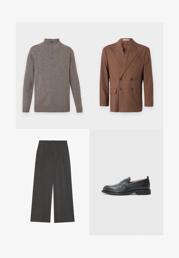 Brown double-breasted blazer made of textured fabric, featuring a notched lapel, two front pockets, and dark buttons.; Gray knit sweater with a high collar, ribbed texture, and a quarter zip closure. Straight cut and ribbed cuffs and hem.; Brown knit sleeveless top with a ribbed texture, high neckline, and side slits. Features a fitted hem and soft fabric.; Wide-leg trousers in dark grey fabric, featuring a pleated front, two side pockets, and a flat waistband. Smooth texture and tailored design.; Black leather loafers featuring a smooth finish, a flat sole, and a rounded toe with a decorative strap across the upper.