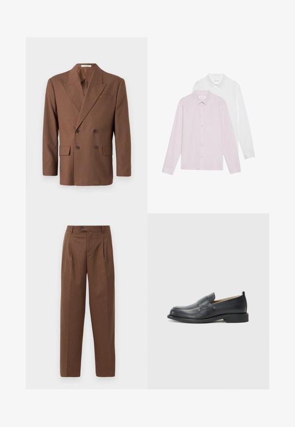 Blazer marrón de doble botonadura hecho de tejido texturizado, con solapa de muesca, dos bolsillos frontales y botones oscuros.; Dos camisas de manga larga: una rosa claro y una blanca. Ambas cuentan con cuellos puntiagudos y cierres de botón. Tejido suave sin patrones.; Pantalones marrones ajustados de corte recto, con pliegues visibles, bolsillos frontales y un cierre de un solo botón en la cintura. Textura suave.; Mocasines de cuero negro con un acabado suave, suela plana y punta redonda con una correa decorativa a lo largo del zapato.