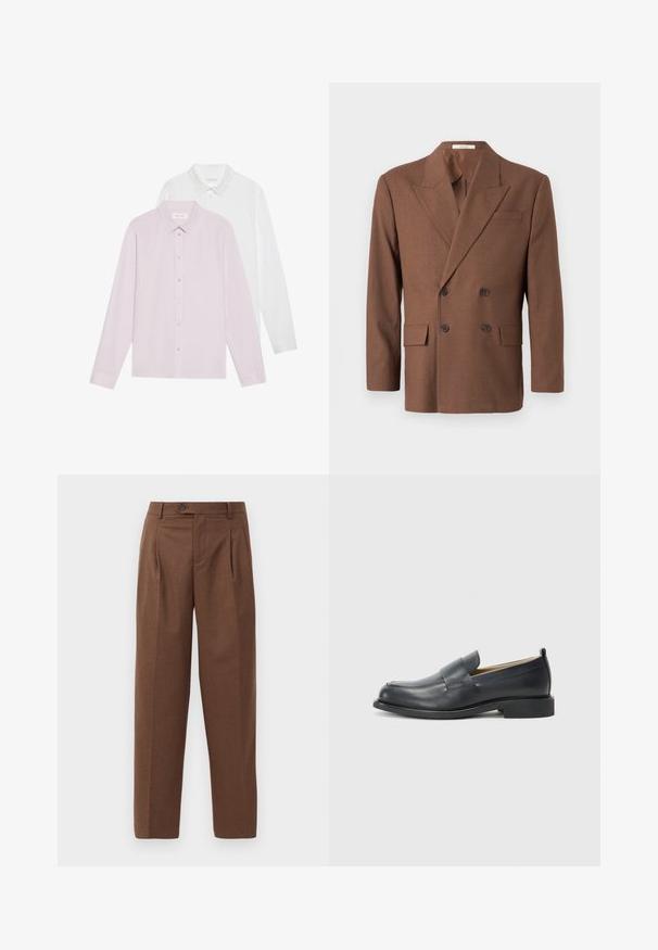 Blazer marrón de doble botonadura hecho de tejido texturizado, con solapa de muesca, dos bolsillos frontales y botones oscuros.; Dos camisas de manga larga: una rosa claro y una blanca. Ambas cuentan con cuellos puntiagudos y cierres de botón. Tejido suave sin patrones.; Pantalones marrones ajustados de corte recto, con pliegues visibles, bolsillos frontales y un cierre de un solo botón en la cintura. Textura suave.; Mocasines de cuero negro con un acabado suave, suela plana y punta redonda con una correa decorativa a lo largo del zapato.