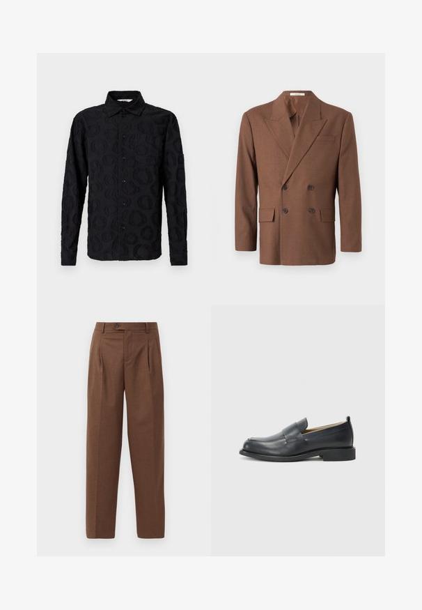 Brauner, doppelt-reihiger Blazer aus strukturiertem Stoff, mit Reverskragen, zwei vorderen Taschen und dunklen Knöpfen.; Schwarzes Langarm-Hemd mit Knöpfen, das ein dezentes, strukturiertes kreisförmiges Muster und eine Brusttasche aufweist, auf einem weißen Hintergrund präsentiert.; Braune, taillierte Hose mit geradem Schnitt, sichtbaren Falten, seitlichen Taschen und einem einzigen Knopfverschluss am Bund. Glatte Textur.; Schwarzlederne Slipper mit einem glatten Finish, einer flachen Sohle und einer abgerundeten Zehenpartie, die einen dekorativen Riemen über dem Obermaterial aufweisen.