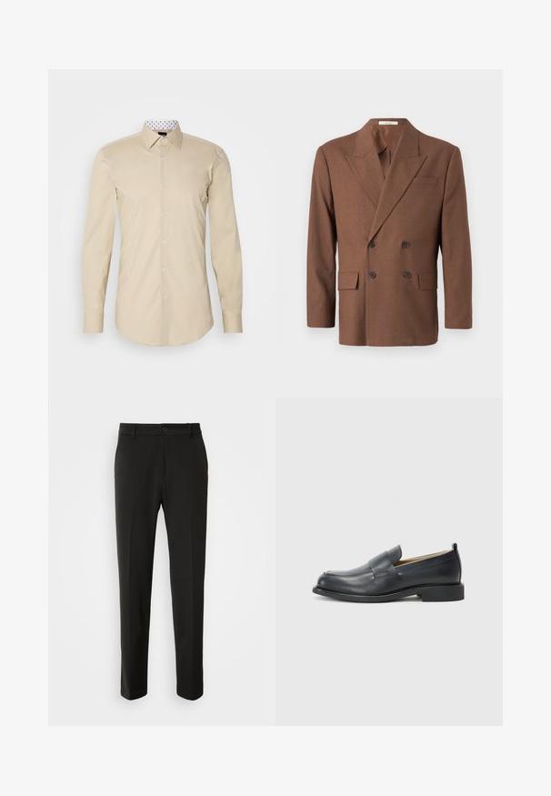 Rjav dvoredni blazer iz teksturirane tkanine, ki ima zarezan ovratnik, dva sprednja žepa in temne gumbe.; Bež srajca z dolgimi rokavi, izdelana iz gladkega blaga. Ima klasičen ovratnik in kontrastni bel notranji ovratnik s črnimi pikami.; Črne hlače iz gladkega materiala, s straight nogavicami, z gumbom za zapiranje in klasičnim dizajnom, primerne za formalne ali sproščene priložnosti.; Črne usnjene loaferje z gladko površino, ravnim podplatom in okroglo konico ter dekorativnim trakom čez zgornji del.