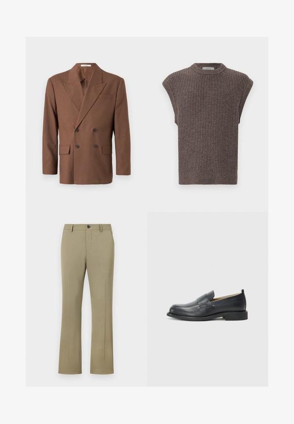 Barna, kétsoros zakó, texturált anyagból készült, kivágott hajtókával, két elülső zsebbel és sötét gombokkal.; Barna kötött ujjatlan felső bordázott textúrával, magas nyakkivágással és oldalsó hasítékokkal. Feszített szegéllyel és puha anyaggal rendelkezik.; Világosbarna, trapéz szabású nadrág sima, szőtt textúrával. Gombos záródással, cipzáras nyitással, oldalsó zsebekkel és testhez álló fazonnal rendelkezik.; Fekete bőr loaferek sima felülettel, lapos talppal és kerek orral, dekoratív pánttal a felső részen.