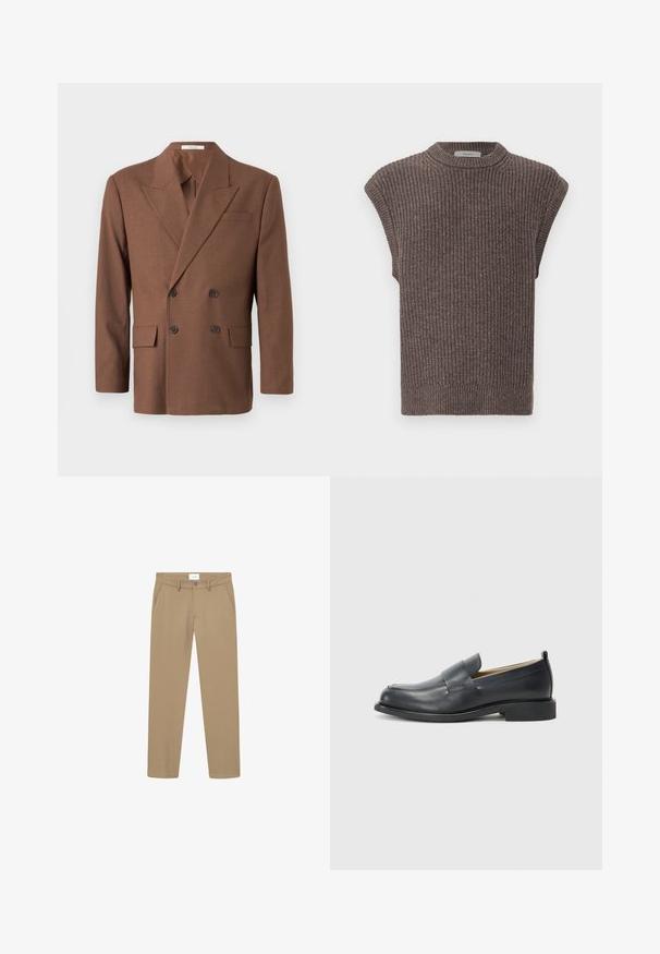 Rjav dvoredni blazer iz teksturirane tkanine, ki ima zarezan ovratnik, dva sprednja žepa in temne gumbe.; Rjava pletena brezrokavnik z rebrasto teksturo, visokim ovratnikom in stranskimi razporki. Ima prilegnjen rob in mehak material.; Bež hlače z gladko teksturo, ravnim krojem, sprednjimi žepi in gumbom za zapiranje. Oznaka vidna na pasu.; Črne usnjene loaferje z gladko površino, ravnim podplatom in okroglo konico ter dekorativnim trakom čez zgornji del.