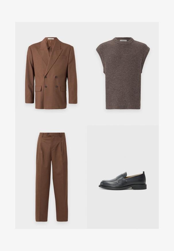 Bruine dubbelzijdige blazer gemaakt van gestructureerde stof, met een notch-revers, twee voorkruimelzakken en donkere knopen.; Bruine gebreide mouwloze top met een geribbelde textuur, hoge halslijn en zijsplitten. Bevat een aansluitende zoom en zachte stof.; Bruine op maat gemaakte broek met een rechte pasvorm, zichtbare plooien, zijzakken en een enkele knoopsluiting bij de tailleband. Glad textuur.; Zwarte leren loafers met een gladde afwerking, een platte zool en een ronde neus met een decoratieve band over de bovenkant.