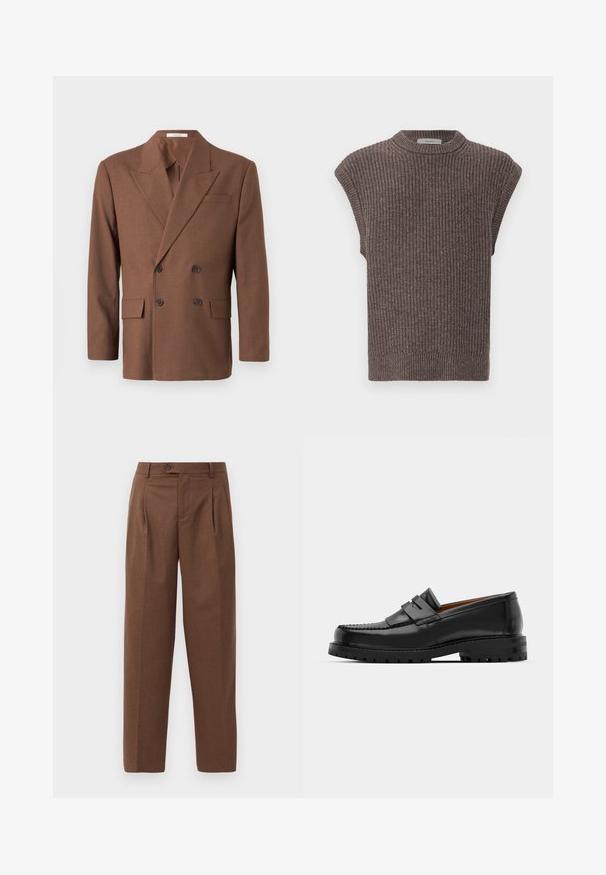 Hnědý dvouřadý blazer vyrobený z texturované tkaniny, s klopovými límci, dvěma předními kapsami a tmavými knoflíky.; Hnědý pletený bezrukávový top s žebrovanou texturou, vysokým výstřihem a bočními rozparky. Má přiléhavý lem a měkkou tkaninu.; Hnědé kalhoty na míru se rovný fit, viditelnými skladbami, předními kapsami a jedním knoflíkem na zapínání v pase. Hladká textura.; Černé kožené mokasíny mají zvýšený šev, dvě dekorativní pásky na svršku a silnou strukturovanou podrážku pro lepší přilnavost.