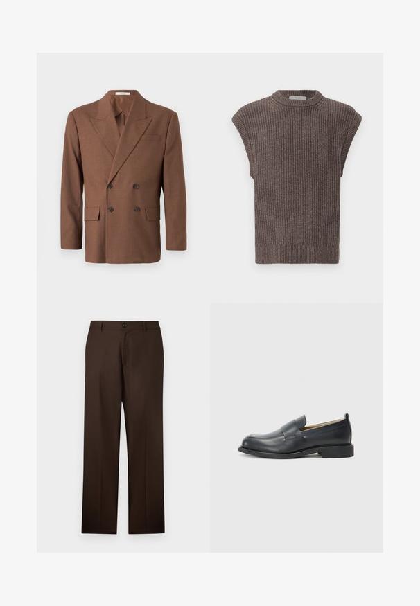 Blazer marrón de doble botonadura hecho de tejido texturizado, con solapa de muesca, dos bolsillos frontales y botones oscuros.; Top sin mangas de punto marrón con textura acanalada, cuello alto y aberturas laterales. Presenta un dobladillo ajustado y una tela suave.; Pantalones marrones, ajustados, con un diseño de pierna recta, cierre de botón y textura de tela suave. Sin patrones ni acentos visibles.; Mocasines de cuero negro con un acabado suave, suela plana y punta redonda con una correa decorativa a lo largo del zapato.