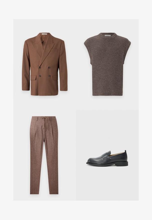 Hnědý dvouřadý blazer vyrobený z texturované tkaniny, s klopovými límci, dvěma předními kapsami a tmavými knoflíky.; Hnědý pletený bezrukávový top s žebrovanou texturou, vysokým výstřihem a bočními rozparky. Má přiléhavý lem a měkkou tkaninu.; Hnědé texturované kalhoty s vzorem herringbone, se stahovací šňůrkou v pase a dvěma předními záhyby. Rovný střih.; Černé kožené mokasíny s hladkým povrchem, plochou podrážkou a zaoblenou špičkou, zdobené páskem přes svršek.
