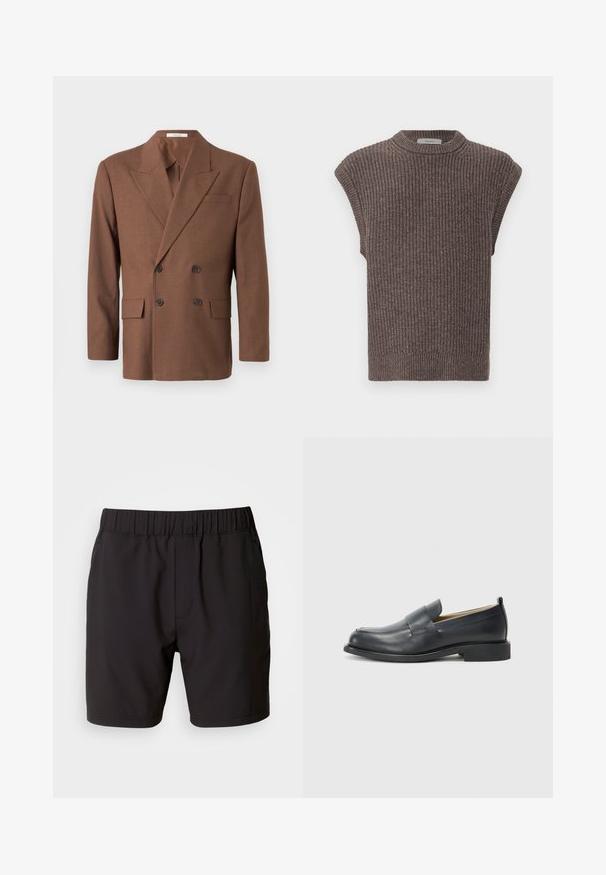 Rjav dvoredni blazer iz teksturirane tkanine, ki ima zarezan ovratnik, dva sprednja žepa in temne gumbe.; Rjava pletena brezrokavnik z rebrasto teksturo, visokim ovratnikom in stranskimi razporki. Ima prilegnjen rob in mehak material.; Črne kratke hlače iz elastičnega materiala, ki imajo elastičen pas, stranske žepe in preprost, čist dizajn. Brez vzorcev ali dodatkov.; Črne usnjene loaferje z gladko površino, ravnim podplatom in okroglo konico ter dekorativnim trakom čez zgornji del.