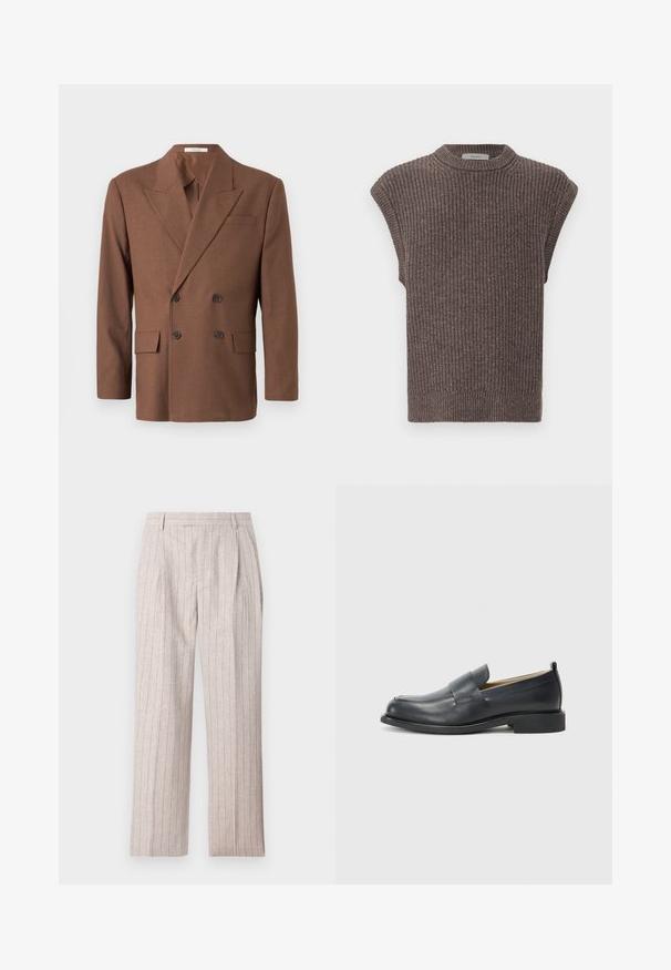 Brūns dubultā svītrojuma žakets, izgatavots no strukturēta auduma, ar izgrieztu atloku, divām priekšējām kabatām un tumšām pogām.; Brūns adīts bezpogājams tops ar ribotu tekstūru, augstu apkakli un sānu šķēlumiem. Iezīmēts ar piegāztu apakšmalu un mīkstu audumu.; Gai bēšas, augstā jostasvietā veidotas bikses no teksturēta auduma. Ar vertikālām svītrām, krokām priekšpusē un platām kājām.; Melnas ādas loafers ar gludu virsmu, plakanu zoli un noapaļotu pirkstu, ar dekoratīvu jostu pāri augšdaļai.