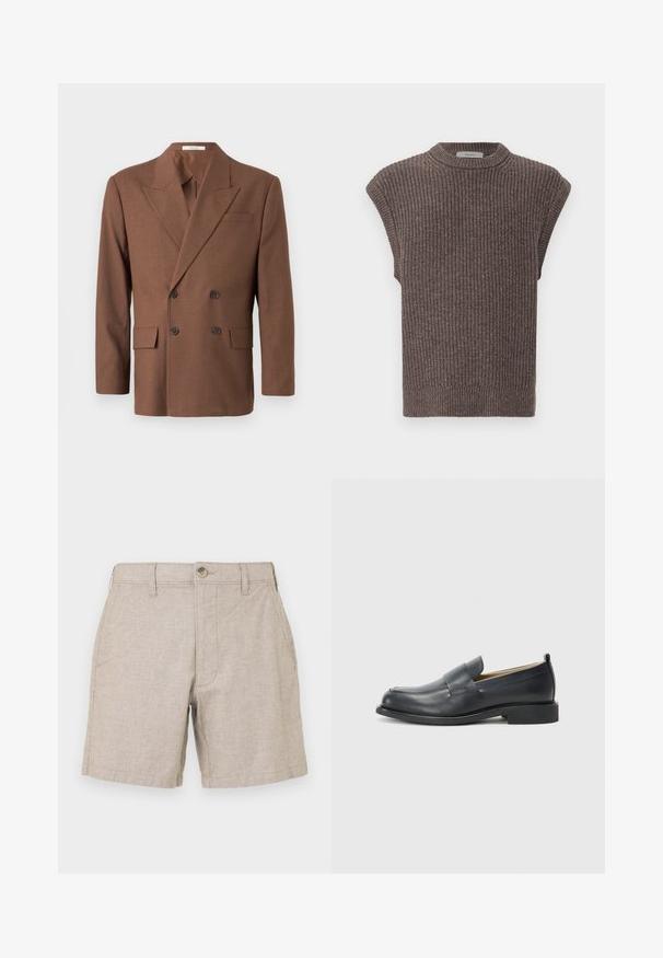 Brun dobbeltradet blazer laget av teksturert stoff, med utsvingt krage, to frontlommer og mørke knapper.; Brun strikket ermeløs topp med ribbestruktur, høy hals og splitt på sidene. Har en tettsittende hem og myk stoff.; Beige linnen shorts med flat front, to sidelommer og en enkelt knaplukning. Stoffet har en subtil tekstur og lett vekt.; Sorte lærloafers med en glat overflade, en flad sål og en rund tå med en dekorativ rem over toppen.