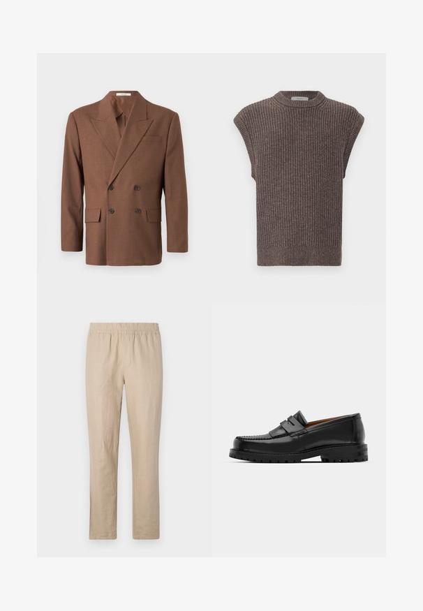 Brun dobbeltbrystet blazer lavet af struktureret stof, med reverskrave, to frontlommer og mørke knapper.; Brun strikket ærmeløs top med ribbet tekstur, høj krave og sideslidser. Har en tætsiddende kant og blødt stof.; Beige linnedbukser med elastisk talje, lige bendesign og minimale sømme for en glat tekstur og letfølt.; Sorte læder loafers har en forhøjet søm, to dekorative remme på overdelen og en tyk struktureret sål for bedre greb.