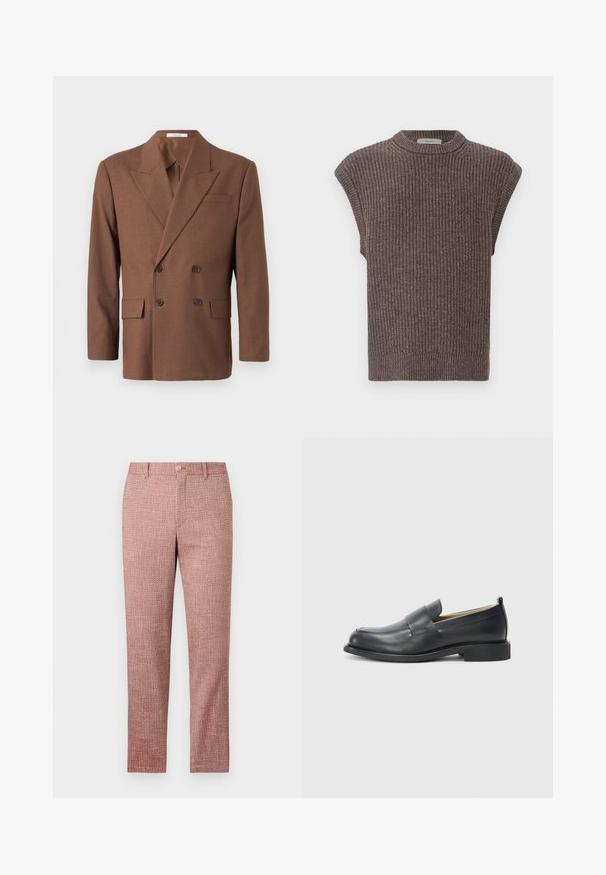 Barna, kétsoros zakó, texturált anyagból készült, kivágott hajtókával, két elülső zsebbel és sötét gombokkal.; Barna kötött ujjatlan felső bordázott textúrával, magas nyakkivágással és oldalsó hasítékokkal. Feszített szegéllyel és puha anyaggal rendelkezik.; Piros, textúrált nadrág, egyenes szárú fazonnal, elülső zsebekkel és gombos záródással. Az anyag szőtt mintázattal rendelkezik az extra részletesség érdekében.; Fekete bőr loaferek sima felülettel, lapos talppal és kerek orral, dekoratív pánttal a felső részen.