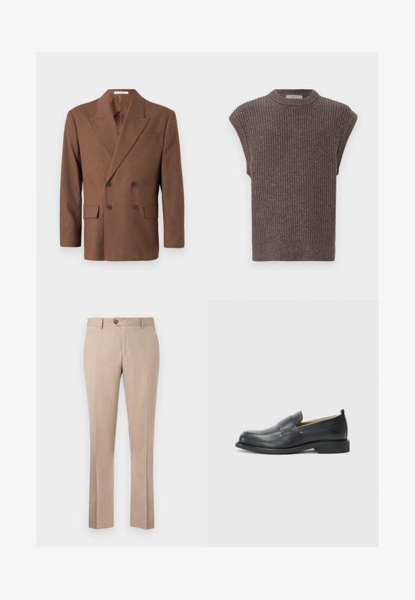 Rudas dvigubas švarkas, pagamintas iš tekstūruotos medžiagos, su smakrinėmis atverslomis, dviem priekinėmis kišenėmis ir tamsiais mygtukais.; Ruda megzta bešviesė spalvos viršutinė dalis be rankovių, su šonkauliniu tekstūros raštu, aukštu kaklu ir šoninėmis plyšėmis. Savybės: prigludęs apdaila ir minkšta medžiaga.; Šviesiai rudos kelnės, pagamintos iš lengvos medžiagos, turi tiesų fasoną, vieną mygtuko užsegimą ir dvi priekinės kišenes.; Juodi odiniai loaferiai su lygia danga, plokščiu padu ir apvaliu pirštu, papuošti dekoratyvia juostele per viršų.