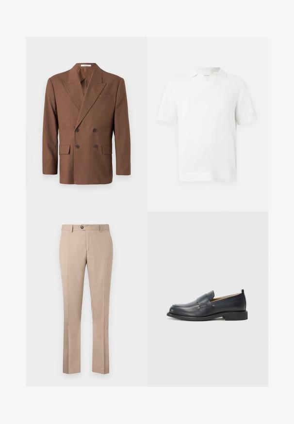 Brauner, doppelt-reihiger Blazer aus strukturiertem Stoff, mit Reverskragen, zwei vorderen Taschen und dunklen Knöpfen.; Weißes kurzärmliges Poloshirt mit strukturiertem Strickdesign, das einen V-Halsausschnitt und gerippte Bündchen für einen figurbetonten Abschluss aufweist.; Beige Hose aus leichtem Stoff, mit geradem Schnitt, Ein-Knopf-Verschluss und zwei Fronttaschen.; Schwarzlederne Slipper mit einem glatten Finish, einer flachen Sohle und einer abgerundeten Zehenpartie, die einen dekorativen Riemen über dem Obermaterial aufweisen.