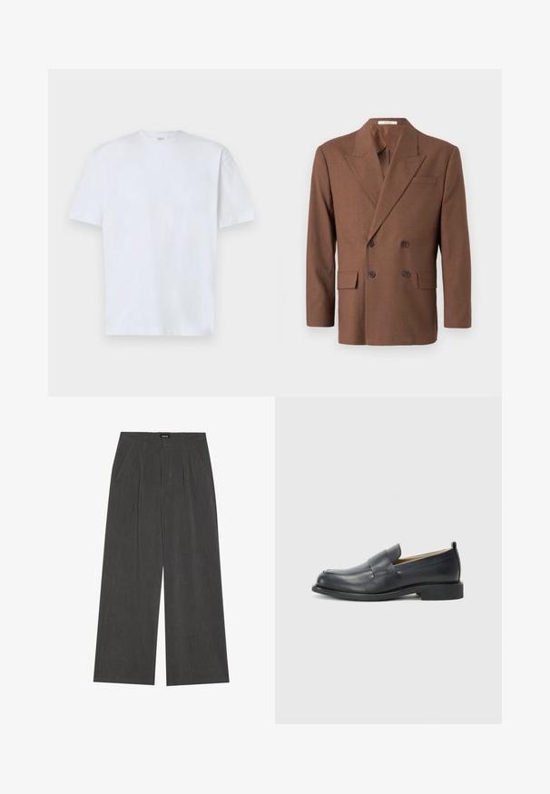 Brūns dubultā svītrojuma žakets, izgatavots no strukturēta auduma, ar izgrieztu atloku, divām priekšējām kabatām un tumšām pogām.; Balts kokvilnas T-krekls ar apaļu dekoltē un īsām piedurknēm, ar brīvu piegriezumu un gludu tekstūru, izvietots uz neitrāla fona.; Platas kājas bikses tumši pelēkā audumā, ar pleķu priekšpusi, divām sānu kabatām un gludu jostu. Gluda tekstūra un izsmalcināts dizains.; Melnas ādas loafers ar gludu virsmu, plakanu zoli un noapaļotu pirkstu, ar dekoratīvu jostu pāri augšdaļai.
