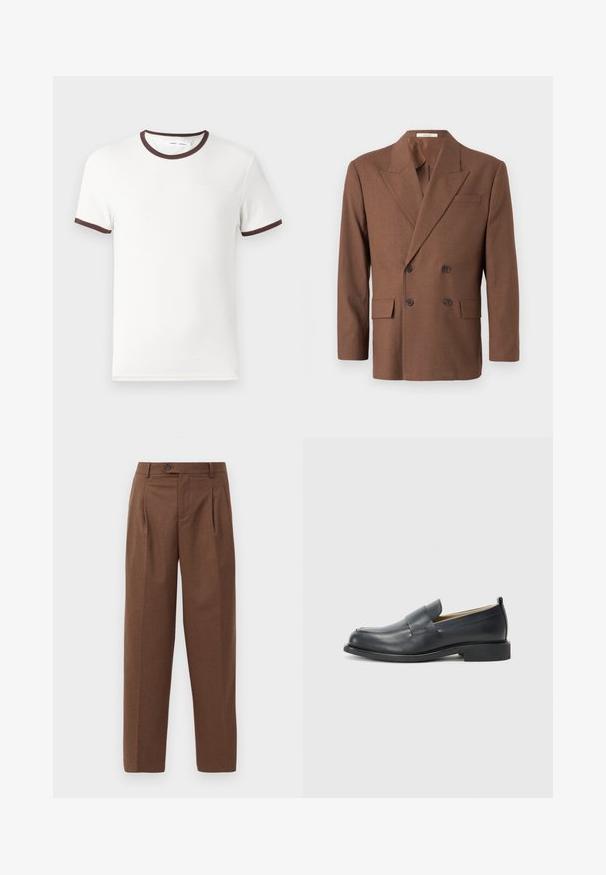 Brązowa dwurzędowa marynarka z teksturowanej tkaniny, z klapami, dwoma kieszeniami z przodu i ciemnymi guzikami.; Biała koszulka z krótkim rękawem z brązowym ściągaczem przy dekolcie i mankietach, wykonana z miękkiego materiału bawełnianego. Prosty i klasyczny design.; Brązowe spodni z taliowanym krojem, prostym fasonem, widocznymi plisami, kieszeniami z przodu oraz jednym guzikiem przy pasie. Gładka faktura.; Czarne skórzane mokasyny z gładkim wykończeniem, płaską podeszwą i zaokrąglonym czubkiem, ozdobione paskiem na górze.