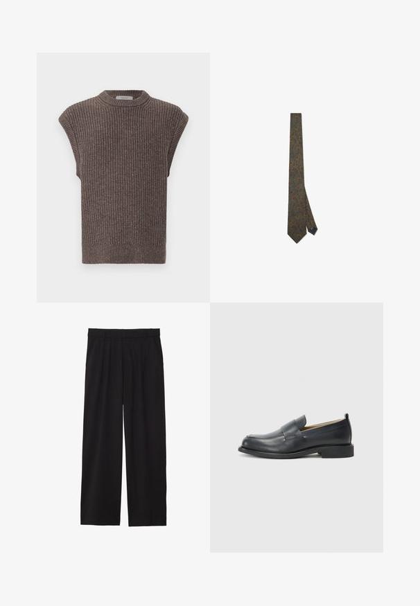 Sacou maro cu două rânduri de butoni, confecționat dintr-un material texturat, având rever cu colțuri, două buzunare frontale și butoane negre.; Top fără mâneci, tricotat, de culoare maro, cu textură ribbed, gât înalt și slituri pe laterale. Prezintă un tiv ajustat și un material moale.; Pantaloni negri largi, cu un front plisat, buzunare laterale și o textură de țesătură netedă. Concepuți pentru o croială relaxată.; Loafers din piele neagră, cu un finisaj neted, talpă plată și vârf rotund, decorat cu o bandă peste partea superioară.; Cravat verde cu un model paisley în nuanțe de portocaliu și albastru. Fabricat din material textil, acesta prezintă un capăt ascuțit și un etichetă mică la capătul îngust.