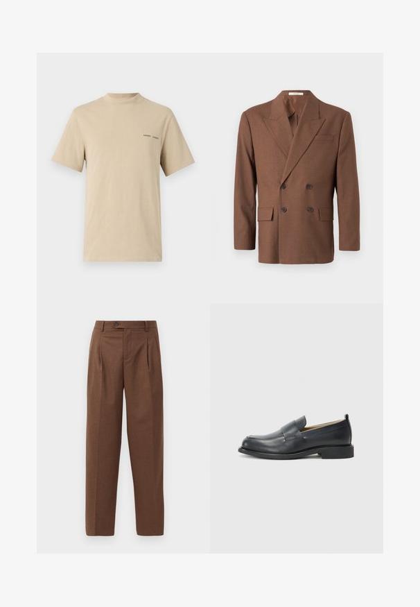 Rjav dvoredni blazer iz teksturirane tkanine, ki ima zarezan ovratnik, dva sprednja žepa in temne gumbe.; Bežna bombažna majica s krojem okroglega ovratnika in kratkimi rokavi. Na prsih ima subtilno črno besedilo logotipa "SAMSOE".; Rjave krojene hlače s ravnim krojem, vidnimi gubami, sprednjimi žepi in enim gumbom za zapiranje v pasu. Gladka tekstura.; Črne usnjene loaferje z gladko površino, ravnim podplatom in okroglo konico ter dekorativnim trakom čez zgornji del.