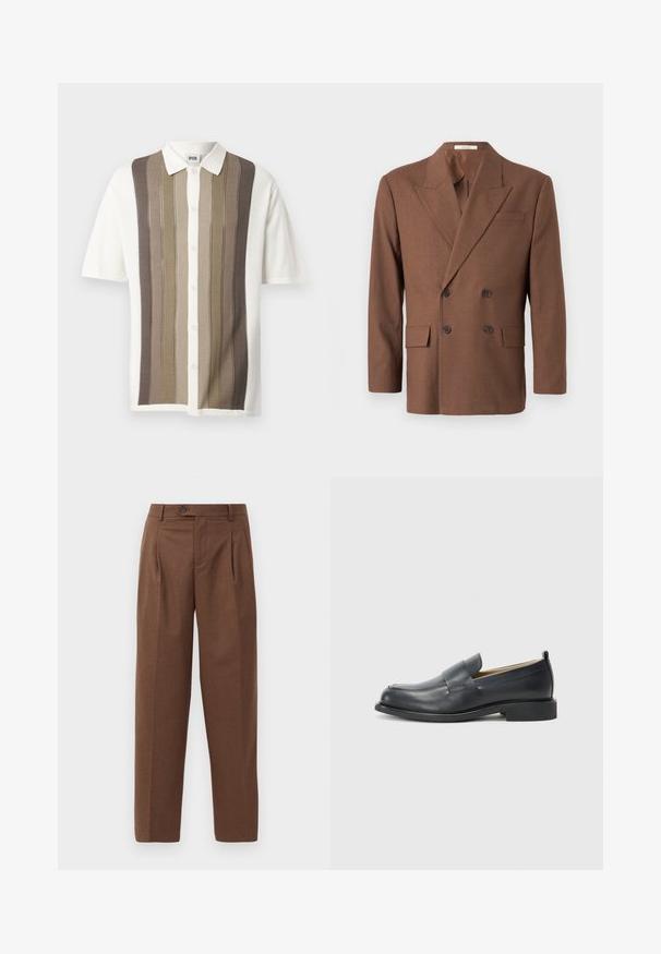 Hnedý dvojradový blejzer vyrobený z textúrovanej látky, s klopovým golierom, dvoma prednými vreckami a tmavými gombíkmi.; Krátky rukáv, košeľa s golierom s vertikálnymi pruhmi v béžovej, hnedej a krémovej farbe; zapínanie na gombíky; úpletová látka s textúrovaným vzorom.; Hnedé nohavice na mieru so strihaním do rovna, viditeľnými záhybmi, prednými vreckami a jedným gombíkom na zapínanie v páse. Hladká textúra.; Čierne kožené poltopánky s hladkým povrchom, plochou podrážkou a okrúhlou špičkou s dekoratívnym pásikom cez hornú časť.
