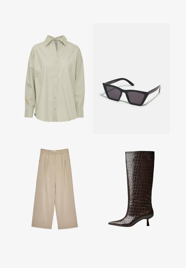 Beige Blazer mit Reverskragen, zwei Knöpfen und seitlichen Taschen. Aus glattem Stoff gefertigt, mit subtilen Nähten.; Hellgrünes Hemd mit Knöpfen aus weichem, glattem Stoff. Verfügt über einen klassischen Kragen, lange Ärmel und einen leicht abgerundeten Saum.; Beige weite Hosen mit vorderen Falten, Seitentaschen, Gürtelschlaufen und verdecktem Vorderverschluss.; Knöchelhohe braune Lederstiefel mit Krokodilmustern, spitzer Zehe und kurzem, quadratischem Absatz. Glatte Textur insgesamt.; Schwarze, eckige Sonnenbrille mit grauen Gläsern; aus Kunststoff gefertigt, mit dicken Bügeln, die eine glatte Oberfläche und keine sichtbaren Beschläge haben.; Schwarze Ledertasche mit glatter Textur, minimalistisches Design und einem einzigen, geschwungenen Schultergurt. Offenes Oberteil, keine sichtbaren Beschläge.; Anna Field LEATHER - Fingerhandschuh - black