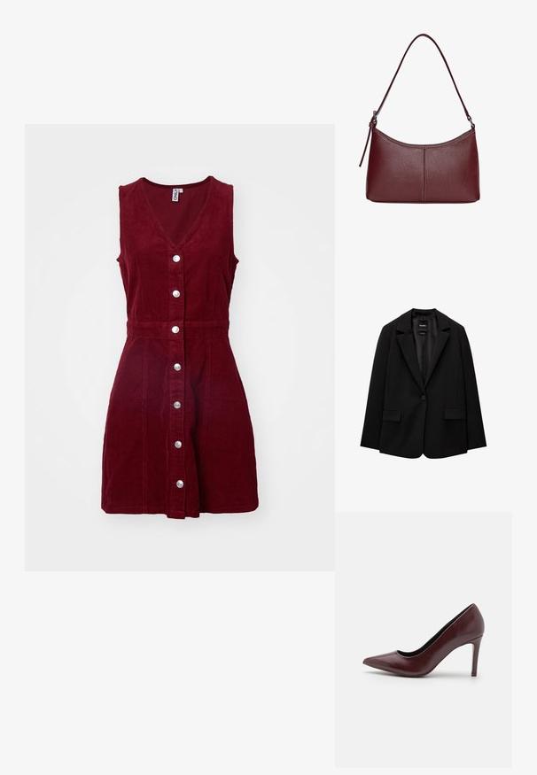 Crna jakna od glatkog materijala s jednom dugmadi, s urezanim reverima i dva prednja džepa. Minimalistički dizajn, kroj prilagođen figuri.; ONLY ONLMOXIE DRESS - Dnevna haljina - cabernet; Burgundska kožna cipela s visokom petom, špicastim prstom, glatkom teksturom i tankom štiklom. Elegantna silueta s minimalnim dizajnerskim detaljima.; Bordo kožna torba s zakrivljenim oblikom, jednim remenom za rame i šivenim detaljima na sredini. Glatka tekstura, minimalni dodaci.