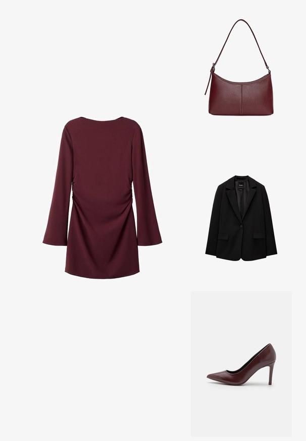 Musta bleiseri, joka on valmistettu sileästä kankaasta, yksittäisellä nappikiinnityksellä, viistetyt kaulukset ja kaksi etutaskua. Minimalistinen muotoilu, istuva leikkaus.; Mekko, joka on tummanpunainen ja jossa on pitkät, levenevät hihat sekä rypytetty yksityiskohta sivuilla. Sujuva kangas, pyöreä pääntie ja hieman vartalonmyötäinen muotoilu.; Burgundin värinen nahkakenkä, jossa on korkea korko ja kärki on terävä, sileä pinta ja ohut stiletto-korko. Tyylikäs siluetti, jossa on minimimäärä muotoiluaspekteja.; Maroon-värinen nahkalaukku, jossa on kaareva muoto, yksi olkahihna ja keskellä ommeltu yksityiskohta. Sileä pinta, minimaalinen varustelu.