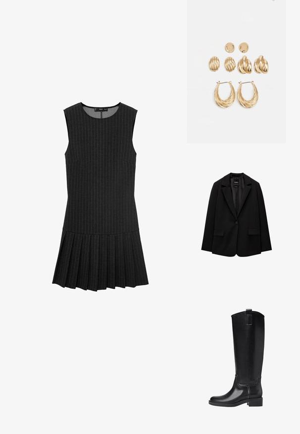 Blazer noir en tissu lisse avec une fermeture à bouton unique, des revers crantés et deux poches avant. Design minimaliste, coupe ajustée.; Robe noire sans manches avec des rayures verticales, un corsage ajusté et une jupe plissée. Le tissu est lisse avec une finition légèrement texturée.; Bottes noires montantes en matériau synthétique lisse. Caractéristiques d'un bout rond, d'un petit talon bloc, et de détails de couture verticale.; Ensemble de boucles d'oreilles dorées comprenant trois paires : des clous ovales texturés, des clous au design ondulé et de grandes boucles d'oreilles avec des nervures superposées.