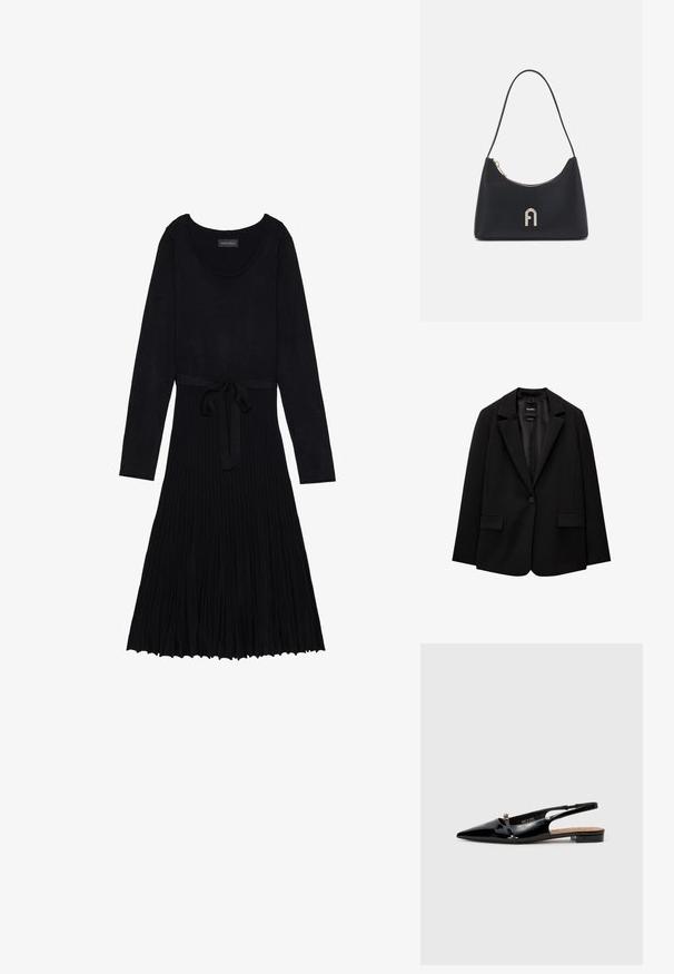Blazer noir en tissu lisse avec une fermeture à bouton unique, des revers crantés et deux poches avant. Design minimaliste, coupe ajustée.; Robe noire à manches longues, encolure dégagée et design à taille ceinturée. Présente une texture côtelée et une jupe plissée fluide.; Chaussure slingback en cuir verni noir avec un bout pointu, un design minimaliste, un petit talon et un accent en boucle argentée sur la sangle.; Sac à bandoulière noir en matériau lisse, avec une forme incurvée, une fermeture éclair dorée et un logo embossé doré sur le devant.