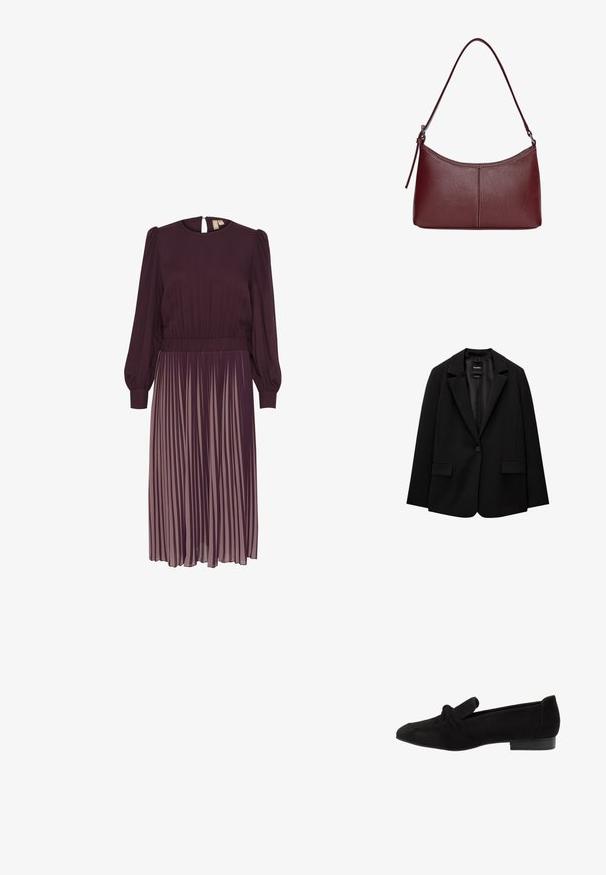 Schwarzer Blazer aus glattem Stoff mit einem Knopfverschluss, abgesetztem Revers und zwei vorderen Taschen. Minimalistisches Design, taillierte Passform.; Gleiter lila Kleid mit langen puffärmel, einem gefächerten Rock und einer taillierten Akzentuierung. Verfügt über eine Rückenschlitzöffnung und eine weiche Stofftextur.; Schwarzer Wildlederschuh mit flacher Sohle, der ein geknotetes Detail an der Zehe, eine glatte Textur, eine spitze Form und einen niedrigen, rechteckigen Absatz aufweist.; Bordeauxfarbene Ledertasche mit geschwungener Form, einem einzigen Schulterriemen und gesteppten Details in der Mitte. Glatte Textur, minimales Zubehör.