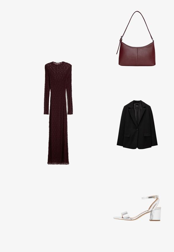 Sacou negru din țesătură fină, cu închidere cu un singur nasture, rever cu colțuri și două buzunare frontale. Design minimalist, croi ajustat.; Rochie din dantelă bordeaux cu mâneci lungi, guler rotund și un design până la podea, având un model texturat și detalii transparente.; Sandale cu toc din metalice argintii, cu un brâu lat la degetul mare, brâu pentru gleznă și toc de tip bloc. Textură netedă cu un finisaj strălucitor și design minimalist.; Geantă din piele bordo cu o formă curbată, un singur mânere pentru umăr și detalii cusute în centru. Textură netedă, hardware minim.