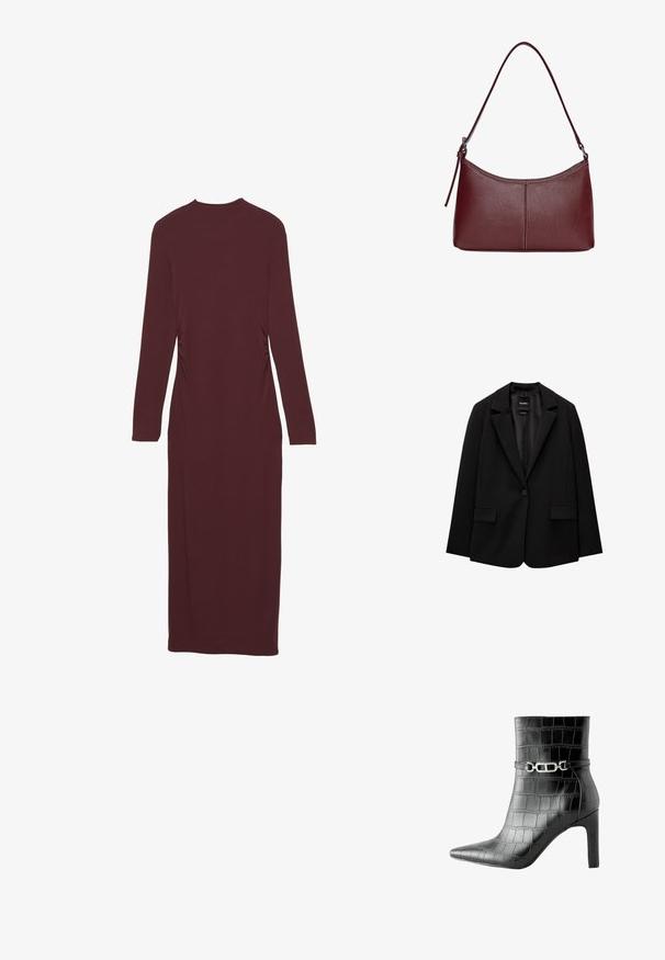 Zwarte blazer van gladde stof met een enkele knoopsluiting, notch-lapels en twee voorzakken. Minimalistisch ontwerp, getailleerde pasvorm.; Lila lang mouwen jurk met een aansluitende pasvorm en geplooide zijkantdetails. Gemaakt van rekbare stof, reikt tot halverwege het kalf.; Zwarte neplederen enkelboot in krokodillenhuidlook met spitse neus, hoge hak en zilveren kettingaccent rond de enkel. Glad oppervlak en slank ontwerp.; Bordeaux lederen handtas met een gebogen vorm, een enkele schouderriem en gestikte details in het midden. Glad textuur, minimale hardware.