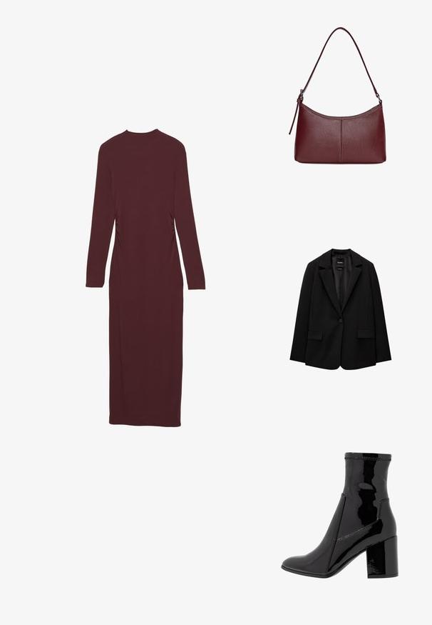 Svart blazer i slätt tyg med enknappsstängning, spetsig krage och två framfickor. Minimalistisk design, skräddarsydd passform.; Lila långärmad klänning med en figurnära passform och rynkade sidodetaljer. Tillverkad av elastiskt material, når midjan på vaden.; Svart lackankelboot med en slät yta, spetsig tå och en strukturerad blockklack. Har en dragkedjelös design och kontrasterande sömmar.; Vinröd läderhandväska med en böjd form, en enkel axelrem och sömnadsdetaljer i mitten. Slät textur, minimal hårdvara.