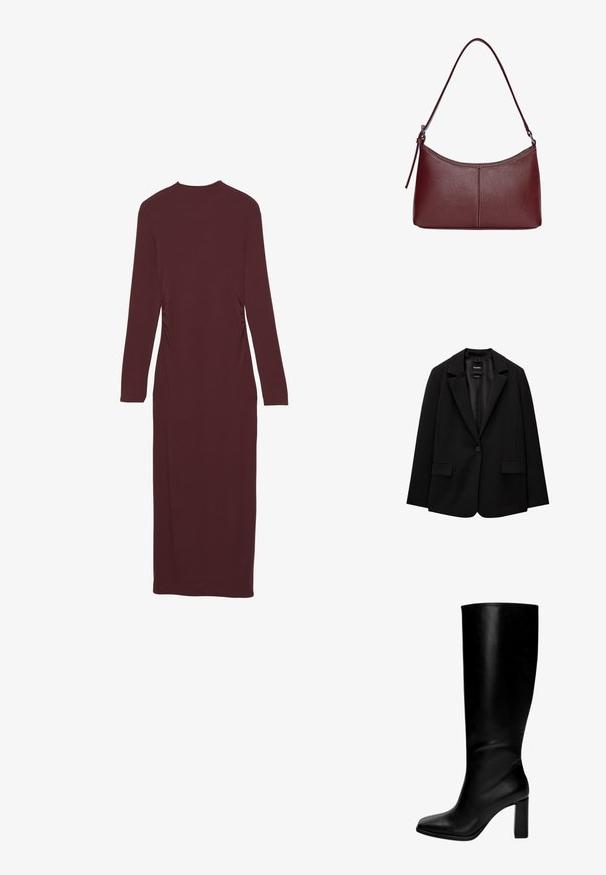 Schwarzer Blazer aus glattem Stoff mit einem Knopfverschluss, abgesetztem Revers und zwei vorderen Taschen. Minimalistisches Design, taillierte Passform.; Langärmliges, mauvefarbenes Kleid mit taillierter Form und gerafften Seitendetails. Aus dehnbarem Stoff gefertigt, reicht es bis zur Wadenmitte.; Schwarze knielange Lederstiefel mit einem quadratischen Zehenbereich und einem kräftigen Absatz. Glatte Textur, taillierte Form und keine sichtbaren Beschläge oder Muster.; Bordeauxfarbene Ledertasche mit geschwungener Form, einem einzigen Schulterriemen und gesteppten Details in der Mitte. Glatte Textur, minimales Zubehör.