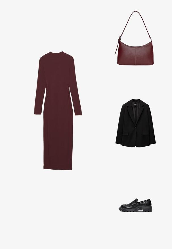 Schwarzer Blazer aus glattem Stoff mit einem Knopfverschluss, abgesetztem Revers und zwei vorderen Taschen. Minimalistisches Design, taillierte Passform.; Langärmliges, mauvefarbenes Kleid mit taillierter Form und gerafften Seitendetails. Aus dehnbarem Stoff gefertigt, reicht es bis zur Wadenmitte.; Schwarze Lederloafer mit abgerundetem Zehenbereich, gesteppten Details und einer klobigen Gummisohle mit strukturiertem Profil für besseren Halt.; Bordeauxfarbene Ledertasche mit geschwungener Form, einem einzigen Schulterriemen und gesteppten Details in der Mitte. Glatte Textur, minimales Zubehör.