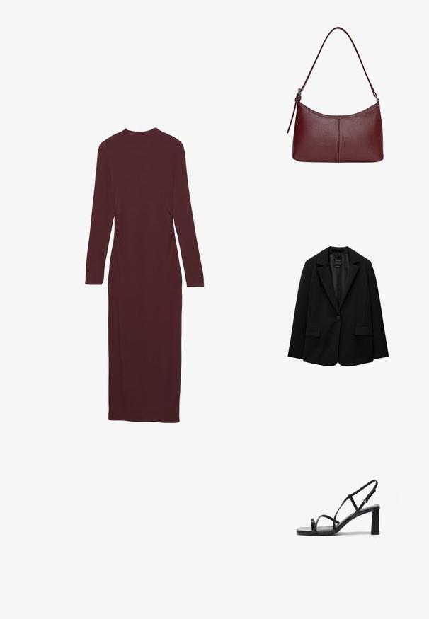Crna jakna od glatkog materijala s jednom dugmadi, s urezanim reverima i dva prednja džepa. Minimalistički dizajn, kroj prilagođen figuri.; Mauve haljina dugih rukava s pripijenim oblikom i nabranim detaljima sa strane. Izrađena od rastezljivog materijala, doseže dužinu do sredine tele.; Crne sandale na visokoj potpetici s kvadratnim vrhom, tankim podesivim trakama i masivnom blok petom. Glatka kožna tekstura s minimalnim detaljima.; Bordo kožna torba s zakrivljenim oblikom, jednim remenom za rame i šivenim detaljima na sredini. Glatka tekstura, minimalni dodaci.