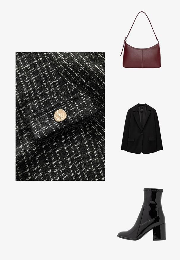 Sacou negru din țesătură fină, cu închidere cu un singur nasture, rever cu colțuri și două buzunare frontale. Design minimalist, croi ajustat.; Țesătură texturată alb-negru cu un model de carouri, având un accent de nasture metallic auriu în față. Material moale, țesut.; Botine negre din patent, cu o textură netedă, vârf ascuțit și un toc bloc structurat. Prezintă un design fără fermoar și cusături contrastante.; Geantă din piele bordo cu o formă curbată, un singur mânere pentru umăr și detalii cusute în centru. Textură netedă, hardware minim.