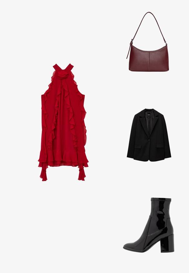 Schwarzer Blazer aus glattem Stoff mit einem Knopfverschluss, abgesetztem Revers und zwei vorderen Taschen. Minimalistisches Design, taillierte Passform.; Rotes ärmelloses Kleid mit Rüschendetails entlang des Ausschnitts und Saums. Hergestellt aus einem leichten Stoff und mit einem taillierten Oberteil.; Schwarze, lackierte Knöchelstiefel mit glatter Textur, spitzem Zeh und strukturiertem Blockabsatz. Verfügt über ein reißverschlussfreies Design und kontrastierende Nähte.; Bordeauxfarbene Ledertasche mit geschwungener Form, einem einzigen Schulterriemen und gesteppten Details in der Mitte. Glatte Textur, minimales Zubehör.