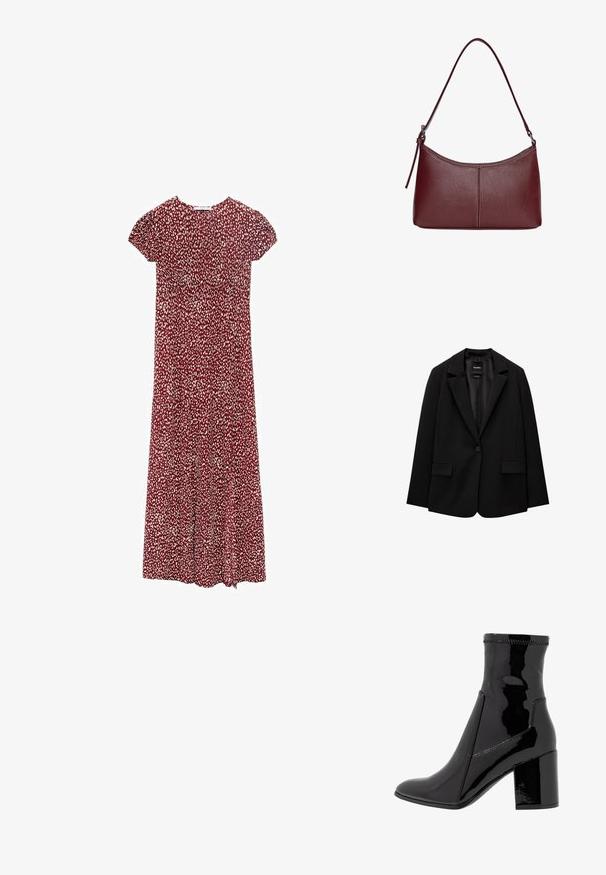 Čierny blejzer vyrobený z hladkej tkaniny s jedným gombíkom, klapkovými nohavicami a dvomi prednými vreckami. Minimalistický dizajn, strih na mieru.; Červené kvetinové šaty s krátkymi naberanými rukávmi, s riaseným živôtikom a splývavou sukňou, vystavené na neutrálnom pozadí.; Čierne lakované členkové čižmy s hladkým povrchom, špicatou špičkou a pevným blokovým opätkom. Disponujú dizajnom bez zipsu a kontrastným prešívaním.; Bordová kožená kabelka s zakriveným tvarom, s jedným ramenným popruhom a prešitými detailmi v strede. Hladký povrch, minimalistické príslušenstvo.